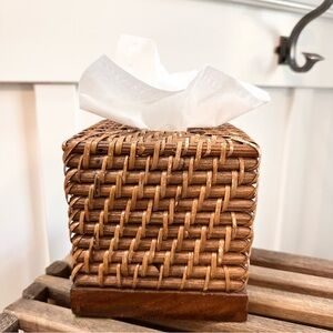 Woven Wood Square Cube Tissue Box Cover Wicker Basket Rattan Boho Medium Brown